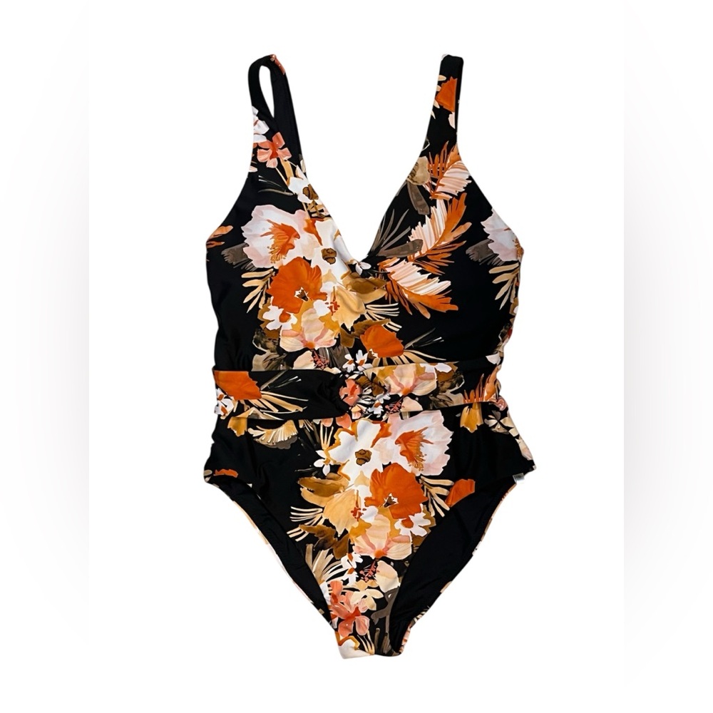 Seafolly Black Floral One-Piece Swimsuit with Orange & White Accents